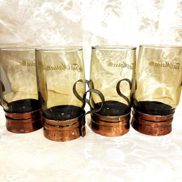 VTG Tia Maria Aperitif Smoked Glass Copper Color Metal Base w/ Handle Set of 4 - Picture 4 of 15